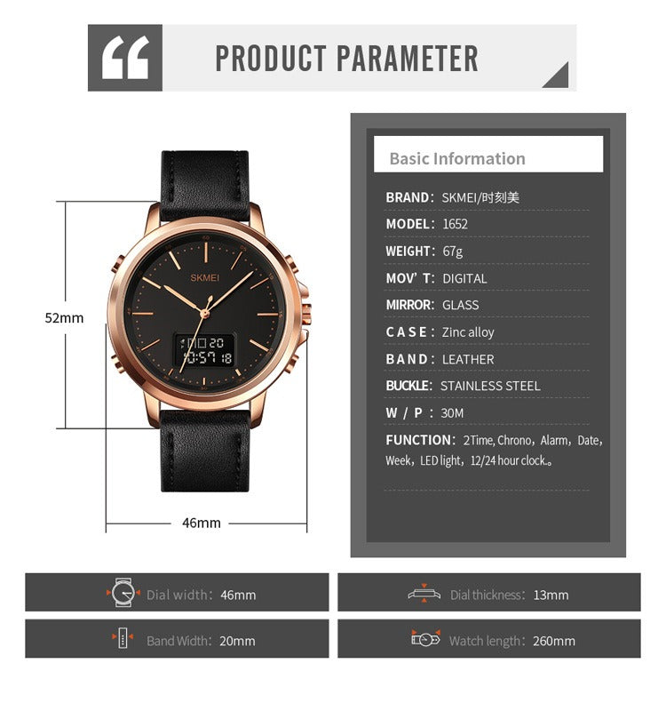 SKMEI 1652 Men's Digital Analog Watch – Leather Strap | Waterproof Multifunctional