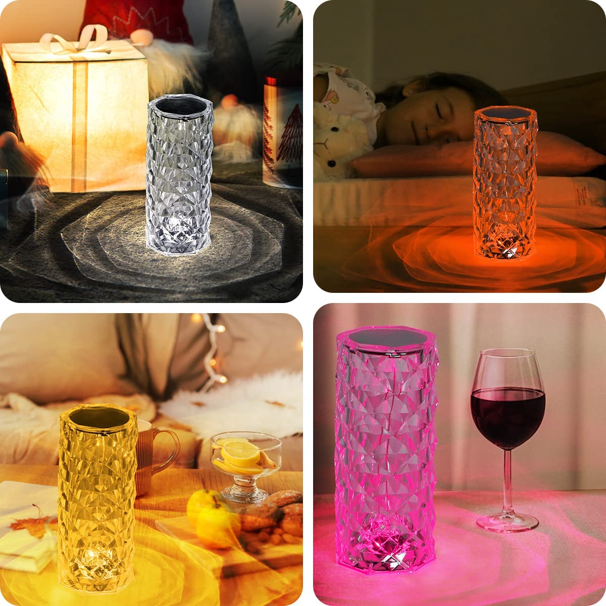 Diamond Rose Crystal Touch Lamp – 16 Colors USB Rechargeable with Remote