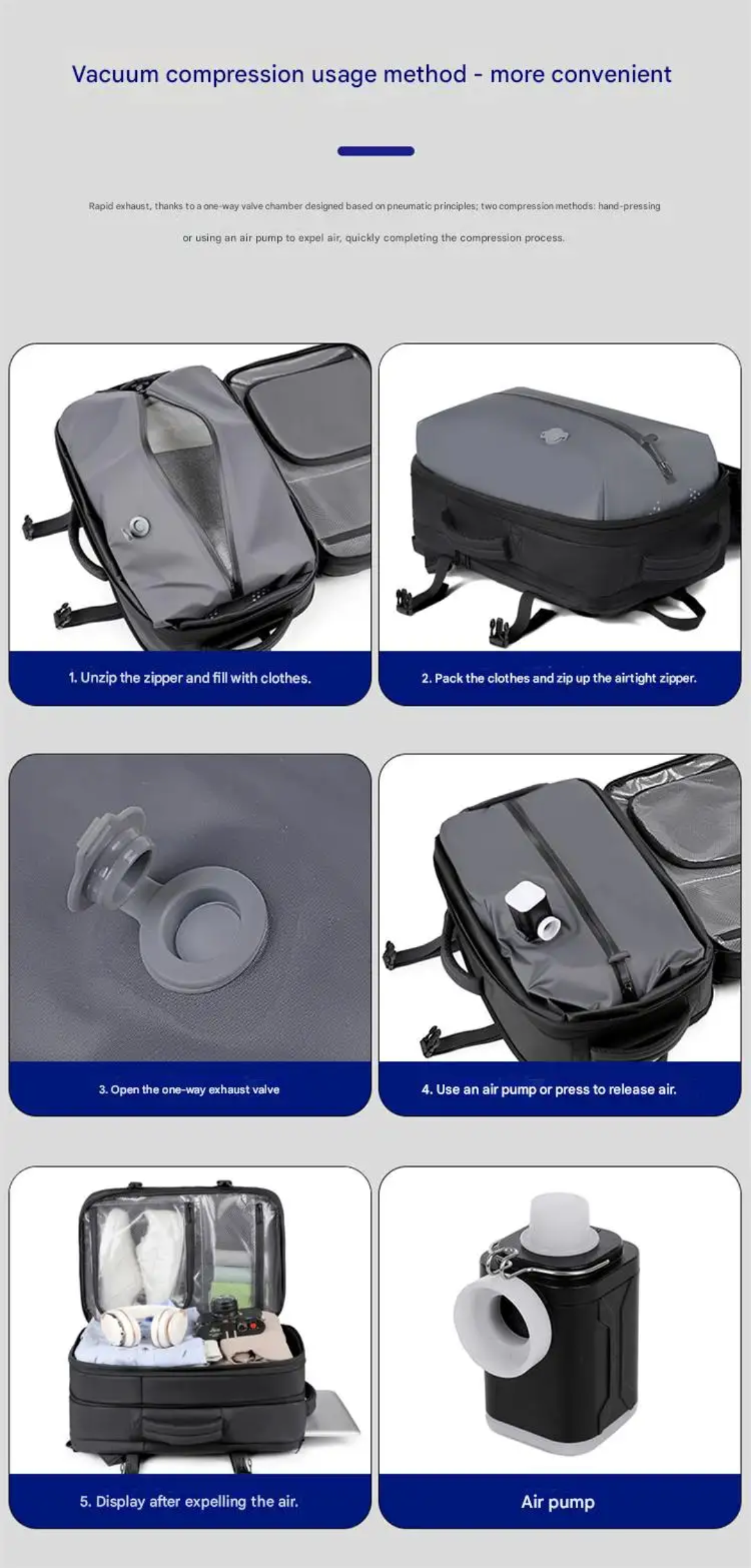 Vacuum Compression Travel Backpack 17" | Built-in Air Pump