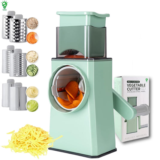Stainless Steel Rotary Vegetable Cutter – 3-in-1 Hand Crank Slicer & Shredder