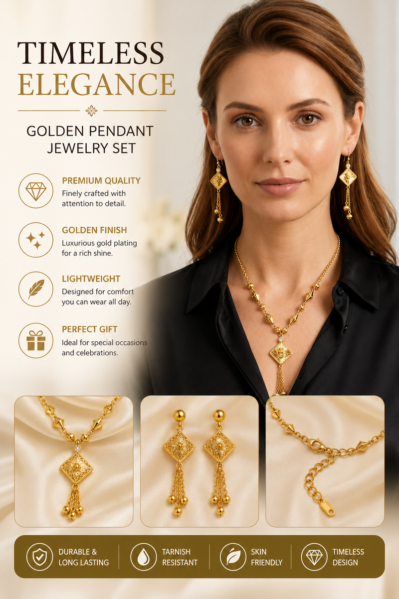 Gold Tone Necklace & Earrings Set – Elegant Tassel Jewelry for Women