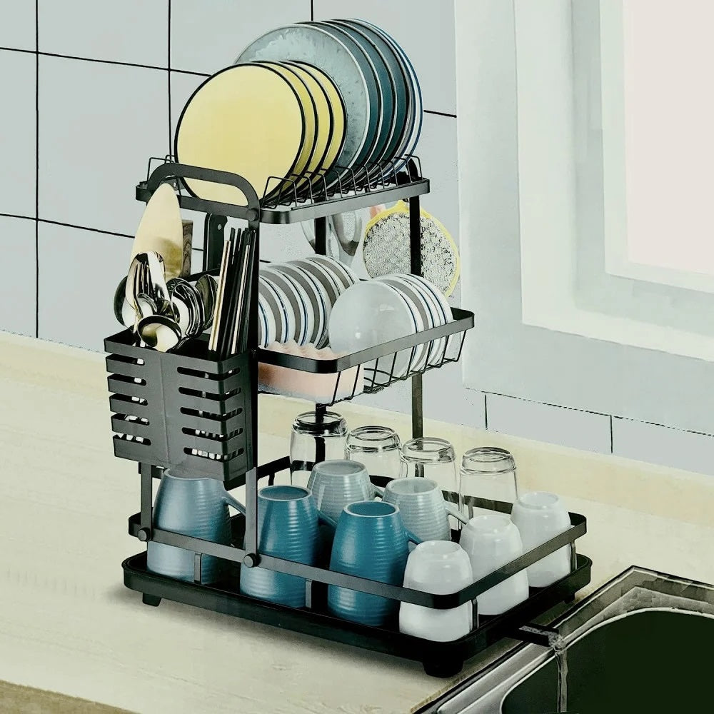 Two-Tier Dish Drying Rack – Space-Saving Kitchen Organizer with Drain Tray