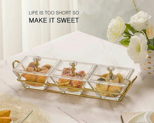 Acrylic Dry Fruit & Snack Jar Set – 3-Piece with Golden Serving Tray