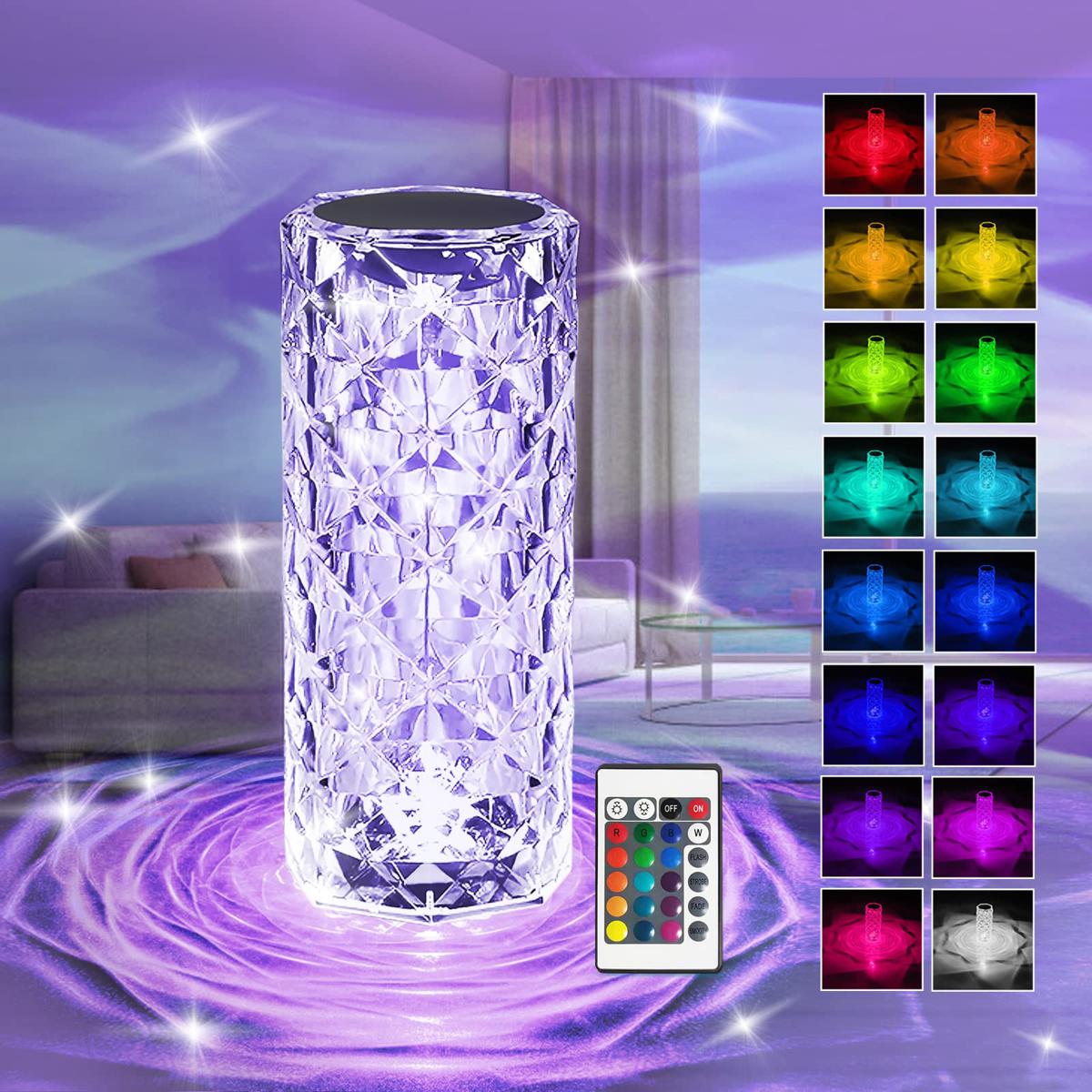 Diamond Rose Crystal Touch Lamp – 16 Colors USB Rechargeable with Remote