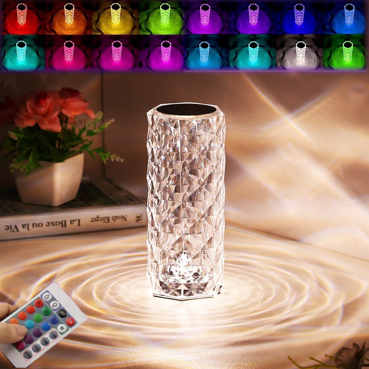 Diamond Rose Crystal Touch Lamp – 16 Colors USB Rechargeable with Remote