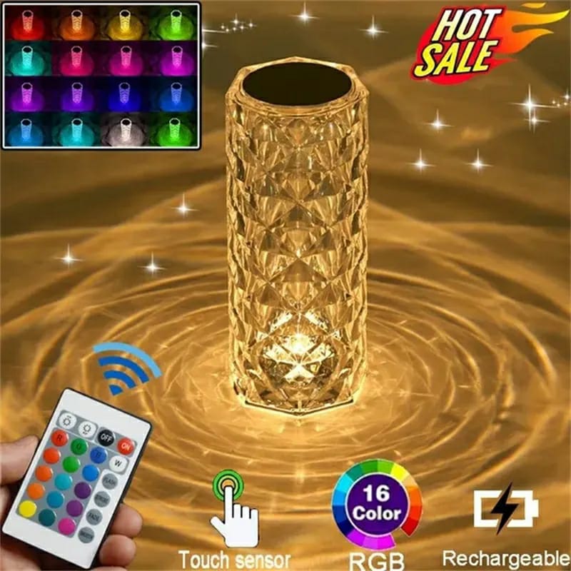 Diamond Rose Crystal Touch Lamp – 16 Colors USB Rechargeable with Remote