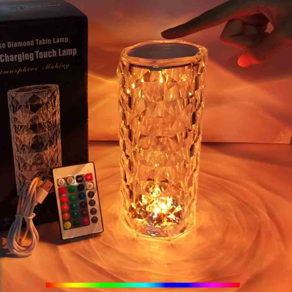 Diamond Rose Crystal Touch Lamp – 16 Colors USB Rechargeable with Remote