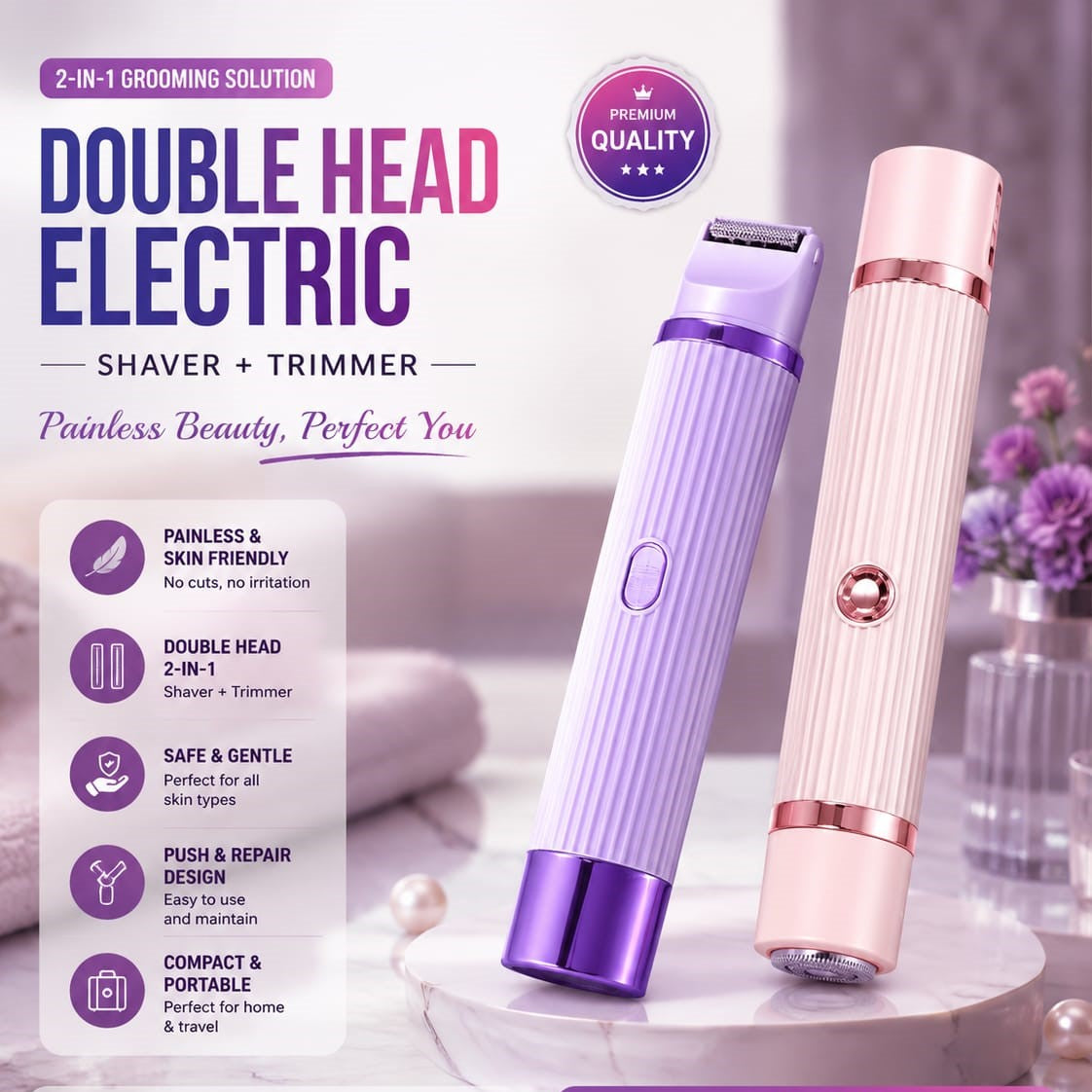 2 in 1 Women Electric Shaver Dual Head Bikini Trimmer for Women IPX7 Waterproof Wet & Dry Use Body Hair Trimmer and Facial Hair Remover for Bikini Underarm Leg Arm Body Face