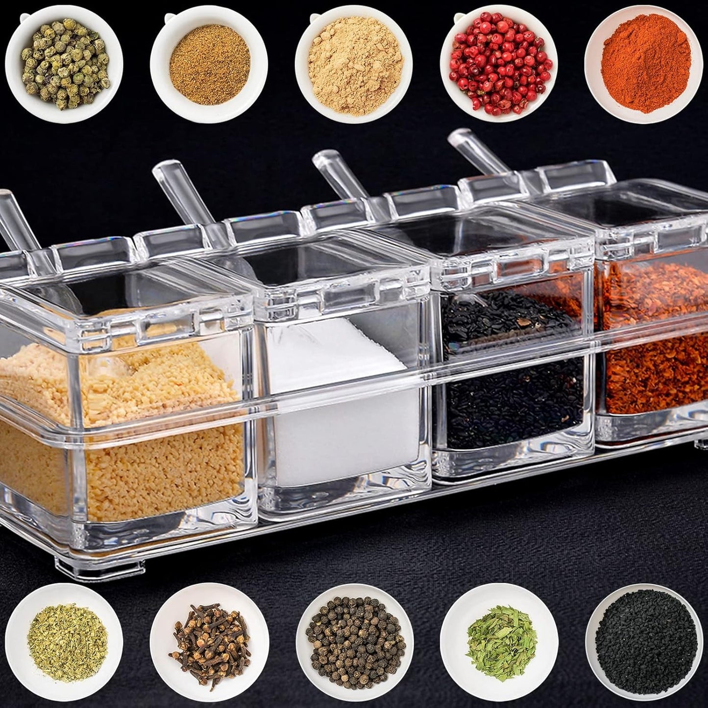 Crystal Seasoning Box – 4 Compartments with Spoons | Transparent Spice Organizer