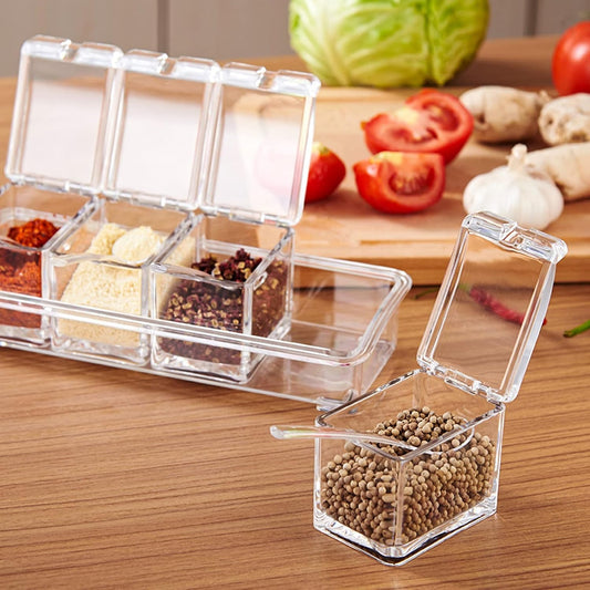 Crystal Seasoning Box – 4 Compartments with Spoons | Transparent Spice Organizer