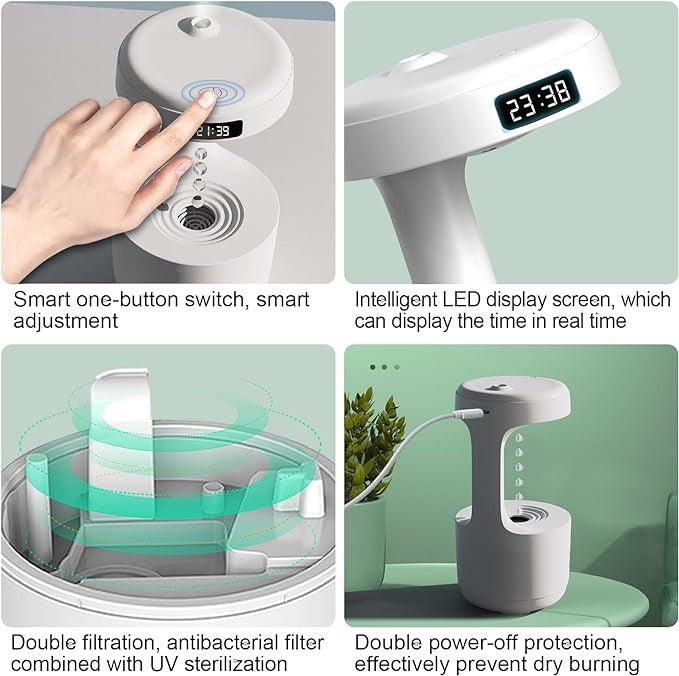 Anti-Gravity Humidifier with Water Drop Light & LED Clock