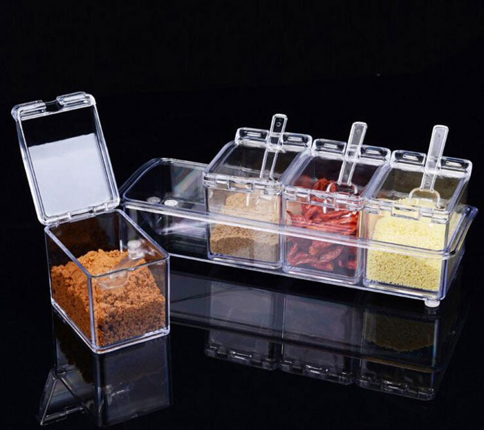 Crystal Seasoning Box – 4 Compartments with Spoons | Transparent Spice Organizer