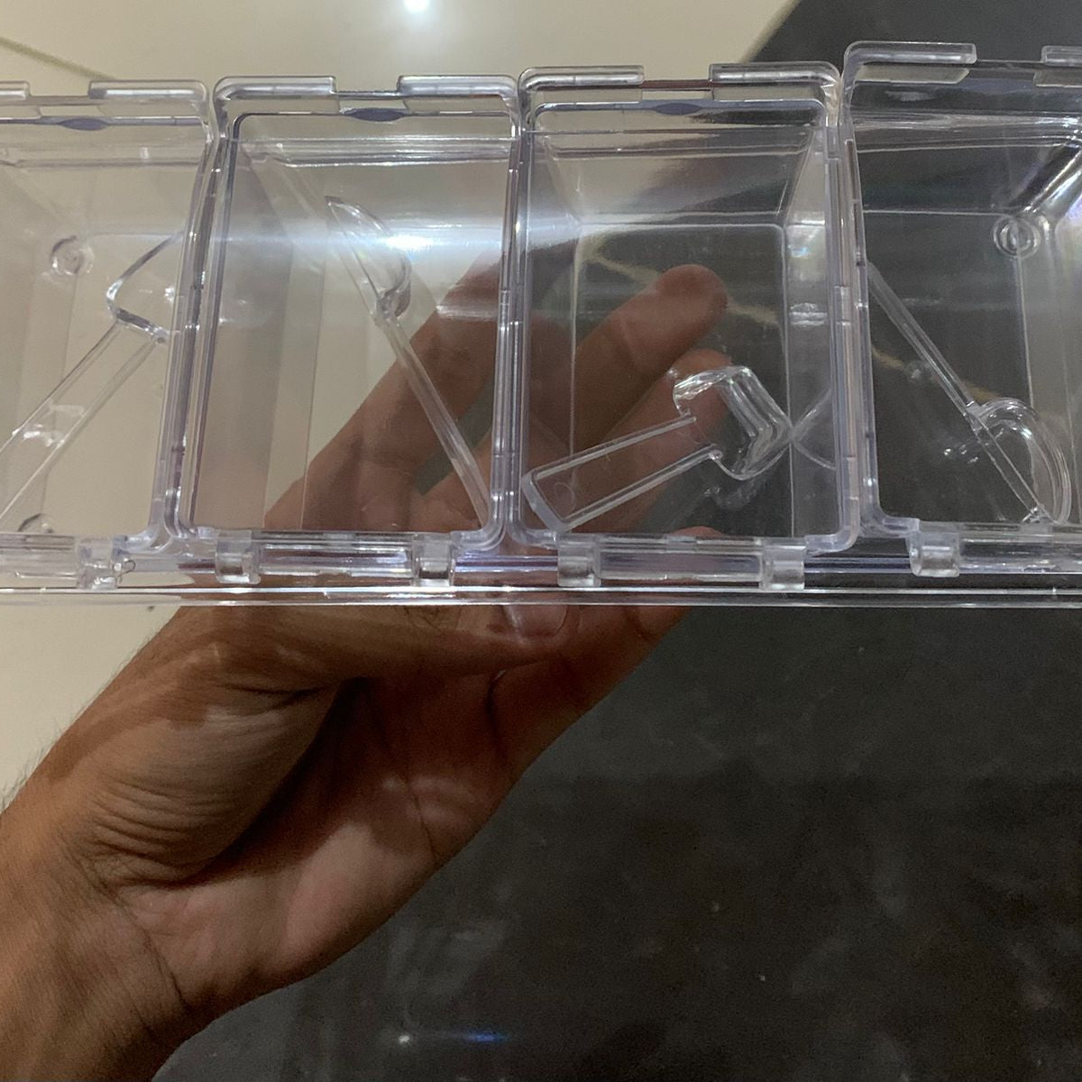 Crystal Seasoning Box – 4 Compartments with Spoons | Transparent Spice Organizer