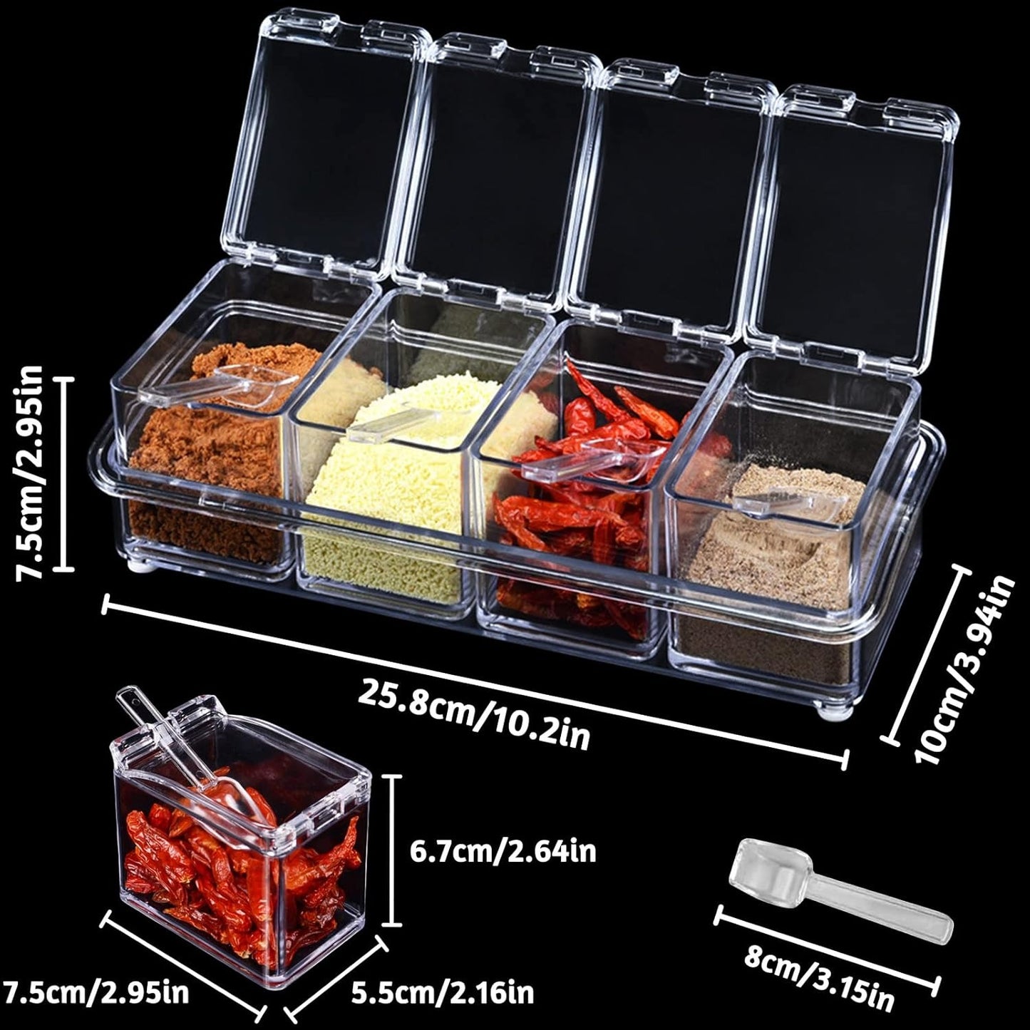 Crystal Seasoning Box – 4 Compartments with Spoons | Transparent Spice Organizer