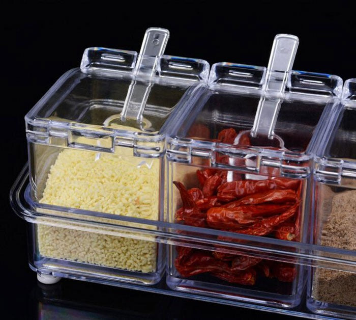 Crystal Seasoning Box – 4 Compartments with Spoons | Transparent Spice Organizer
