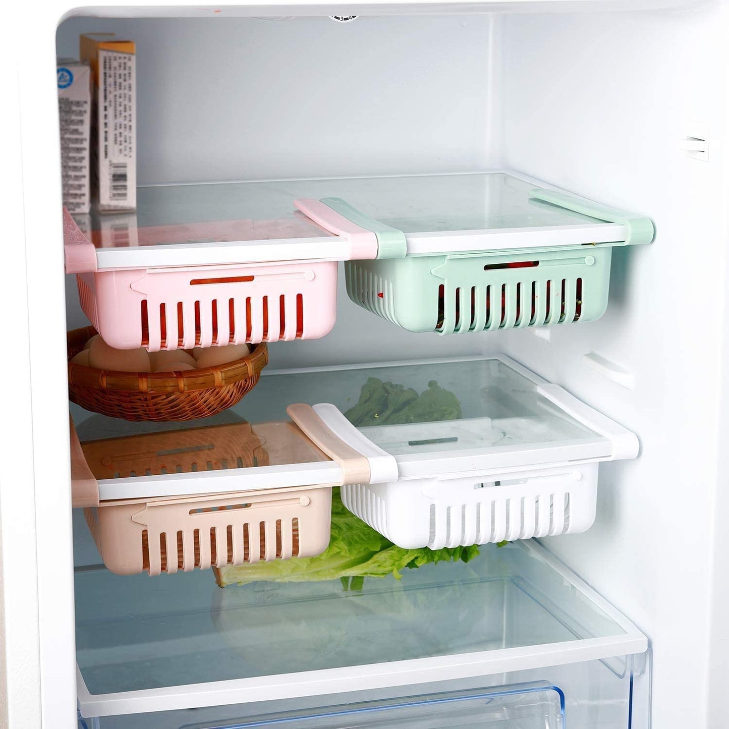 Adjustable Fridge Storage Baskets – Set of 2 Expandable Food Organizer