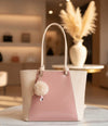 Two-Tone Elegant Tote Handbag with Pom-Pom Charm | Brown & Beige / Pink & Beige