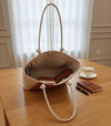 Two-Tone Elegant Tote Handbag with Pom-Pom Charm | Brown & Beige / Pink & Beige